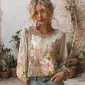 Women's Bohemian Lily Print Dyeing Gold Round Neck Long Sleeve Top elevenforest