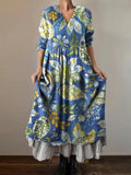 Women's Floral Art Print V-Neck Pocket Cotton Dress