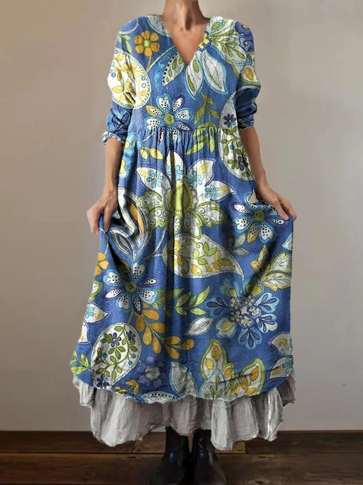 Women's Floral Art Print V-Neck Pocket Cotton Dress