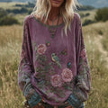 Women's Bohemian Floral And Bird Pattern Linen Crew Neck T-shirt elevenforest