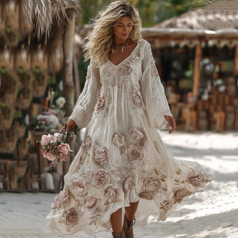 Women's Vintage Romantic White Rose Embroidery Art Comfy Linen Vacation Dress Maxi Dress elevenforest