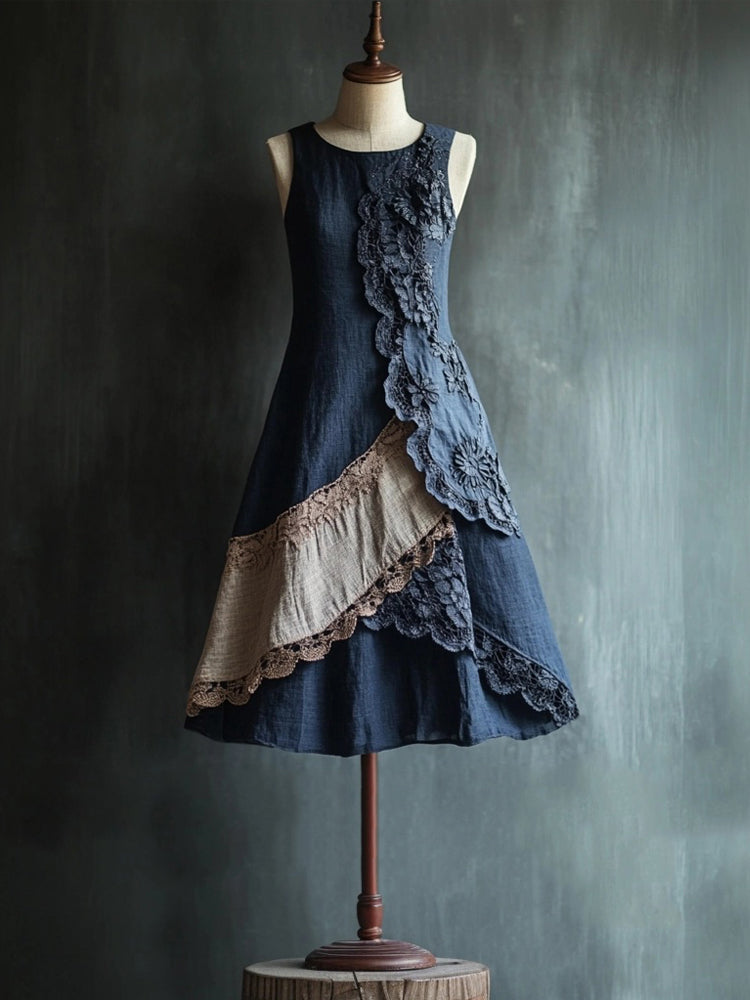 Vintage Elegant Lace Patchwork Linen Tank Dress elevenforest