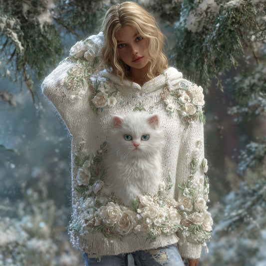 Cute Cat Rose Knitted Jacquard Hooded Sweater