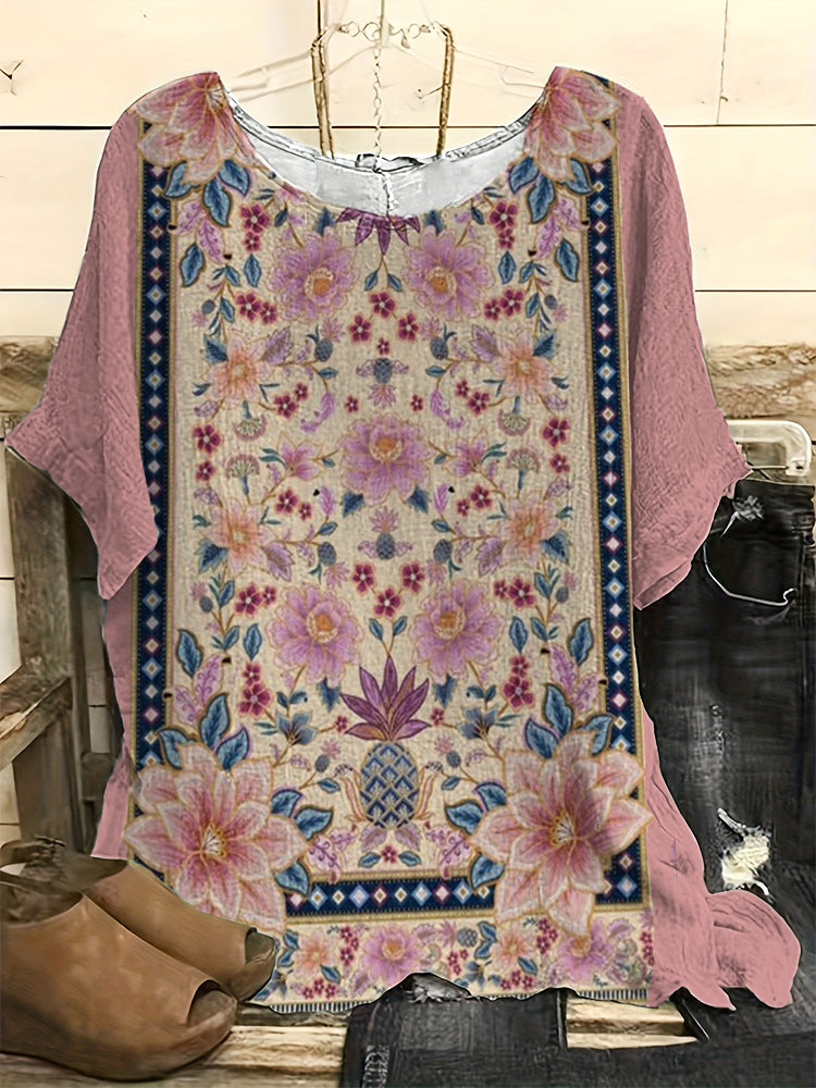 Vintage Floral Art Print Casual Linen Blend Shirt elevenforest