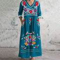 Women's Floral And Bird Art Pattern V-neck Cotton And Linen Dress elevenforest