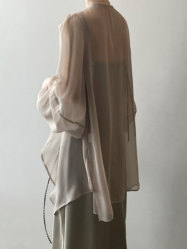 Bishop Sleeve Long Sleeves See-through Split-joint Tied Collarless Blouses&shirts Tops