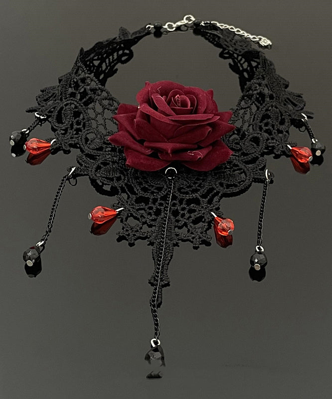 Stylish Red Lace Rose Necklace and Chain Bracelet Tassel Two-piece Set Princess Necklace