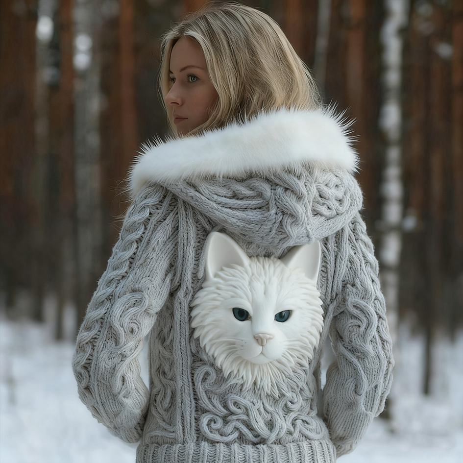 Comstylish Viking Retro Cat Design Women's Hooded Knit Sweater Jacket