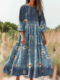 Women's Vintage Floral Art Print Crew Neck Pocket Cotton Dress
