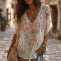 Women's Retro Boho Pink Floral Embroidered Art V-neck Short Sleeve T-shirt elevenforest