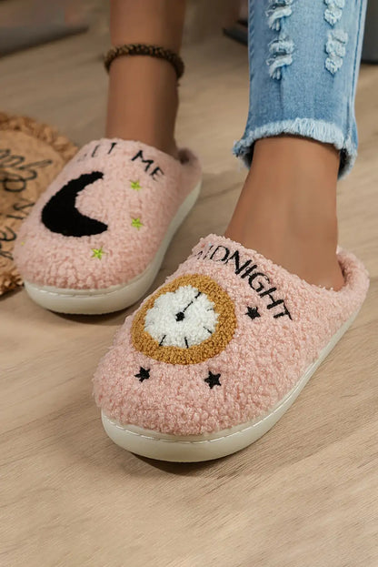 Cozy Light Pink Moon Clock Fuzzy Home Slippers