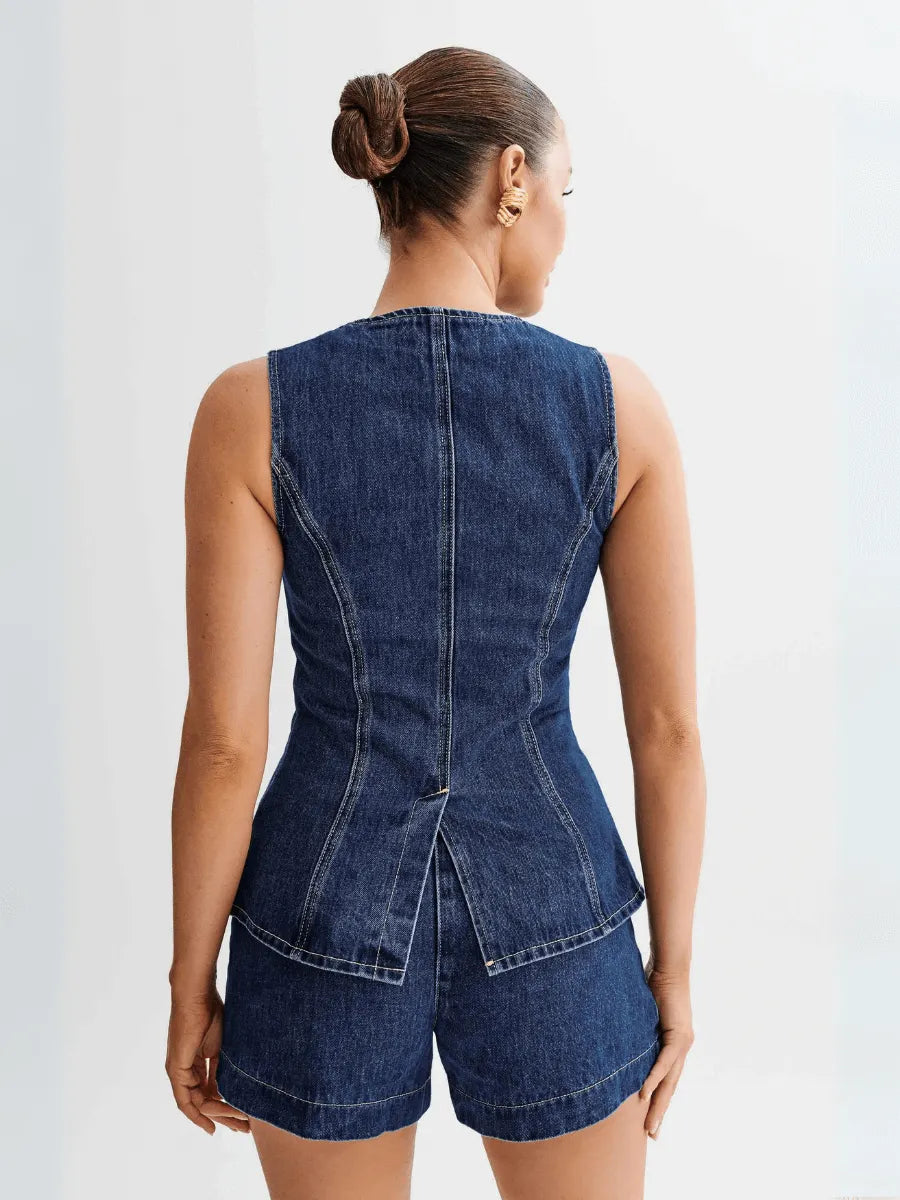 Dallas Button Front Denim Vest Shorts Matching Set