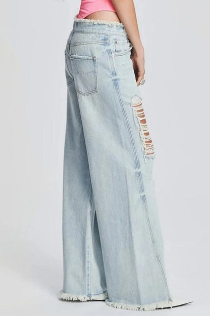 Ripped Patchwork Mid Waist Regular Denim Jeans (subject to the Actual Object)(5 Colors)