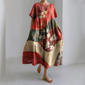 Japanese Art Sakura Print Color Block Crew Neck Linen Blend Dress elevenforest