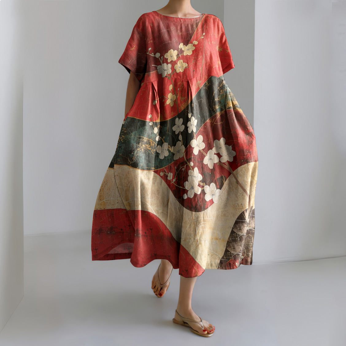 Japanese Art Sakura Print Color Block Crew Neck Linen Blend Dress elevenforest
