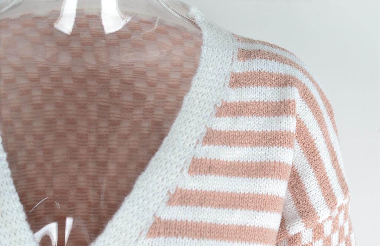 Autumn Winter Knitted Plaid Stitching Striped Cardigan Coat Sweater