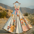 Women's Vintage Floral Applique Art V Neck Dress elevenforest