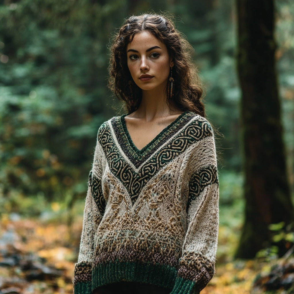 Vintage Gradient Celtic Knot V-neck Knitted Jacquard Irish Aran Sweater elevenforest
