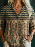 Women's Vintage Bohemian Floral Art Print Casual Cotton Shirt