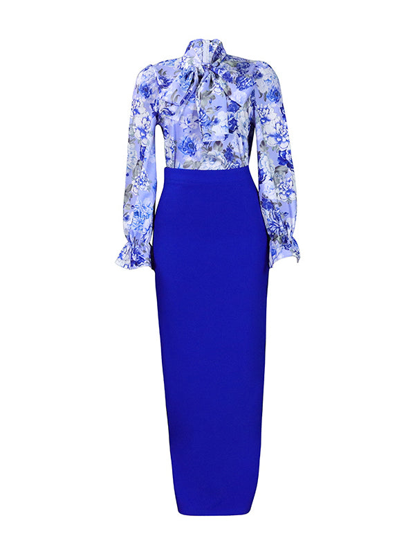 Long Sleeves Printed Blouse + Split-back Color Skirt Two Pieces Set