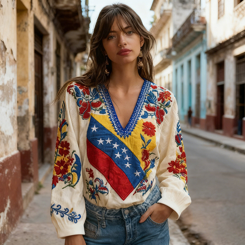 Women's Venezuela Flag Floral Art V-neck Long Sleeve Tunic elevenforest
