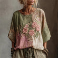 Vintage Pink Roses Embroidered Contrast Patchwork Linen Shirt elevenforest