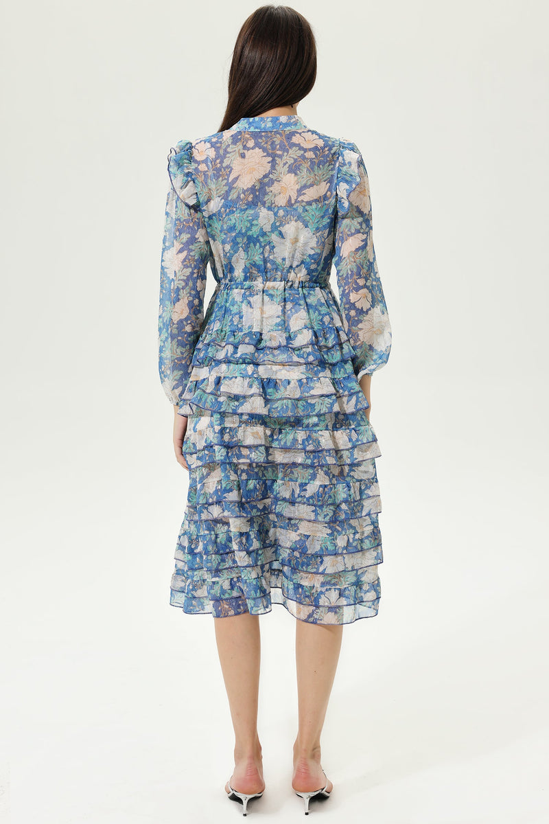 Printed Long Sleeve Layered Ruffle Hem Lace Up Midi Dress