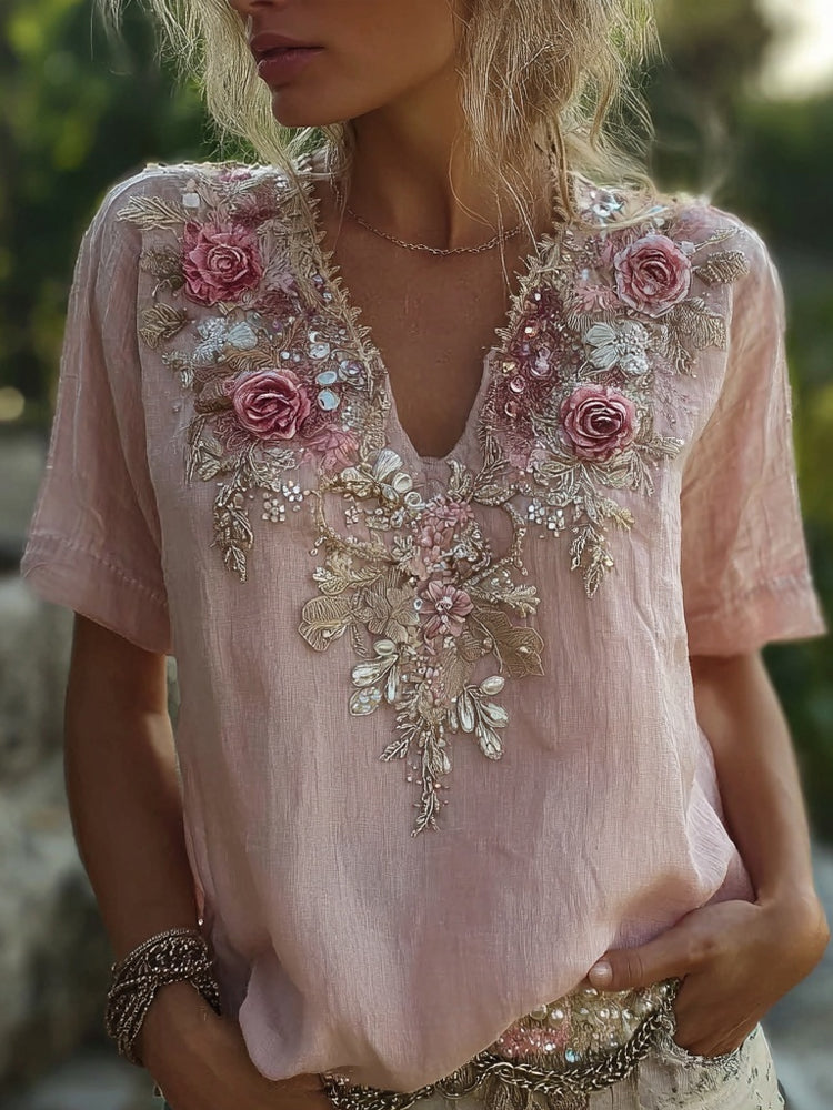 Vintage Boho Pink Roses Embroidered Short Sleeve Linen Shirt elevenforest