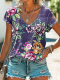 Women's Retro Flower Print 100%Cotton V-neck T-Shirt