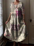 Women's Vintage Floral Patchwork Art Print Pocket Cotton Dress