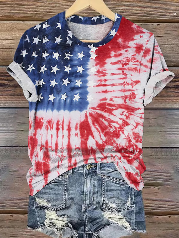 Comstylish Retro Independence Day Flag Tie Dye Print T-shirt