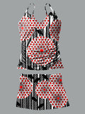Colorful Flower V-Neck Vintage Flowers Print Suspender Skirt Tankini Pantskirt Set Swimsuit