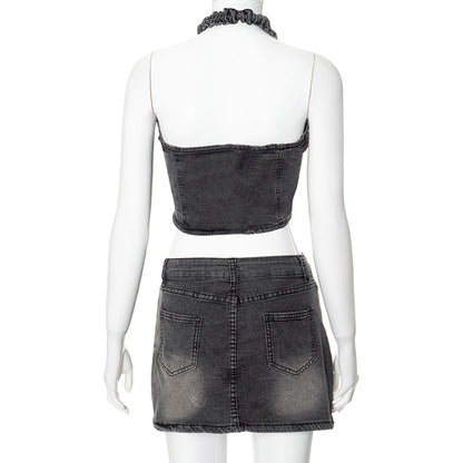 Summer Denim Embroidery Set Sleeveless Bandage Hollow Backless Tops Bodycon Mini Skirts Two Piece