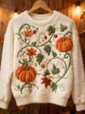 Comstylish Thanksgiving Pumpkin Embroidered Women's Knit Sweater