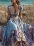 Boho Floral Embroidered Summer Fresh Flowy Linen Maxi Dress elevenforest
