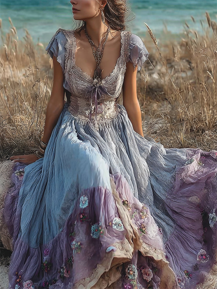Boho Floral Embroidered Summer Fresh Flowy Linen Maxi Dress elevenforest