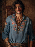 Men's Vintage Floral Embroidered Comfy Linen Shirt elevenforest