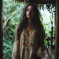 Vintage Floral Embroidery Art Linen Casual Shirt elevenforest