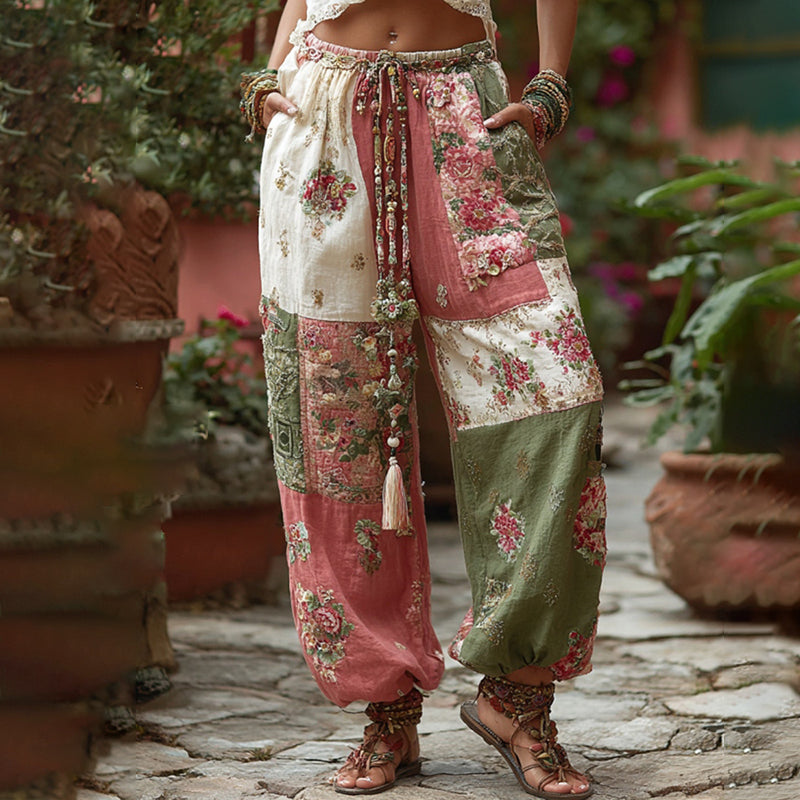 Women's Retro Floral Patchwork Art Casual Pants elevenforest