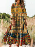 Women's Vintage Ethnic Floral Art Print Flowy Cotton Crew Neck Dress