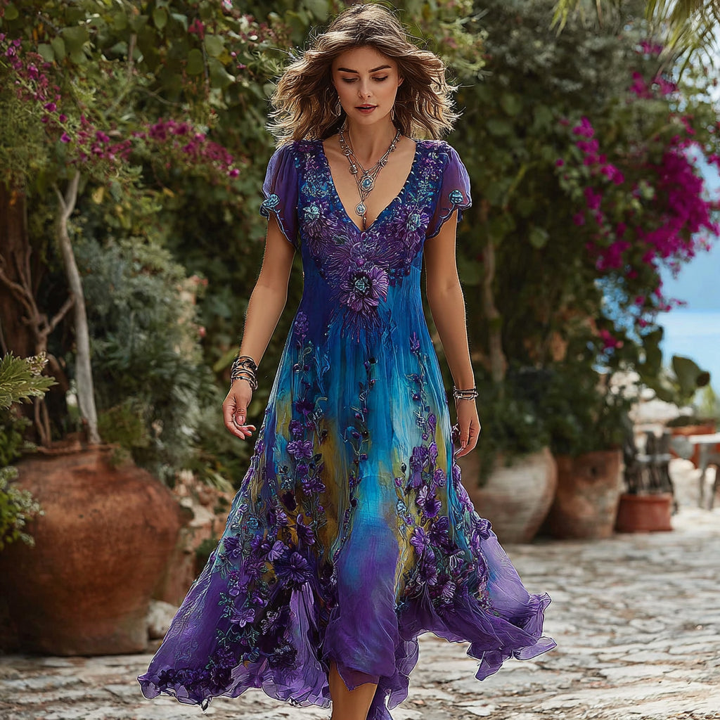 Women's Retro Floral Embroidery Gradient Fashion Casual Dress elevenforest