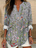 Comstylish Floral Embroidery Linen V-Neck Shirt