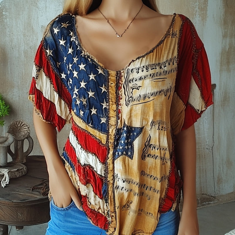 Women's Vintage Independence Day American Flag With Sheet Music Art Short Sleeve V Neck Casual Linen Top elevenforest