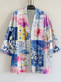 Japanese Sashiko Style Quilt Pattern Linen Kimono Cardigan elevenforest
