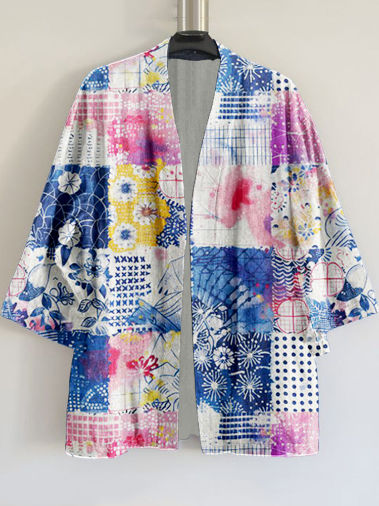 Japanese Sashiko Style Quilt Pattern Linen Kimono Cardigan elevenforest