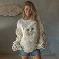 Women's Cute Cat With Floral Art Knitted Warm Sweater