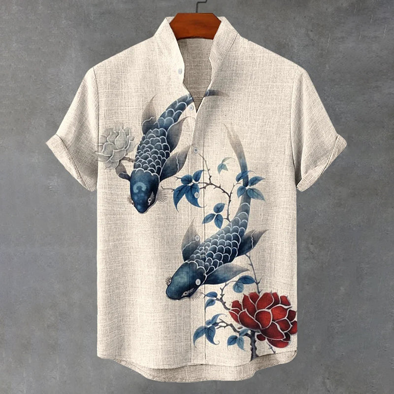 Men's Vintage Fish And Floral Art Print Casual Shirt elevenforest