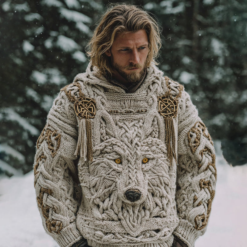 Men's Vintage Viking Wolf Celtic Knot Art Cozy Hooded Sweater artswardrobe