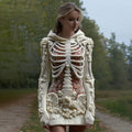 Women's Vintage Halloween Skeleton Bones With Glitter And Rose Art Cozy Knit Hooded Sweater Dress elevenforest