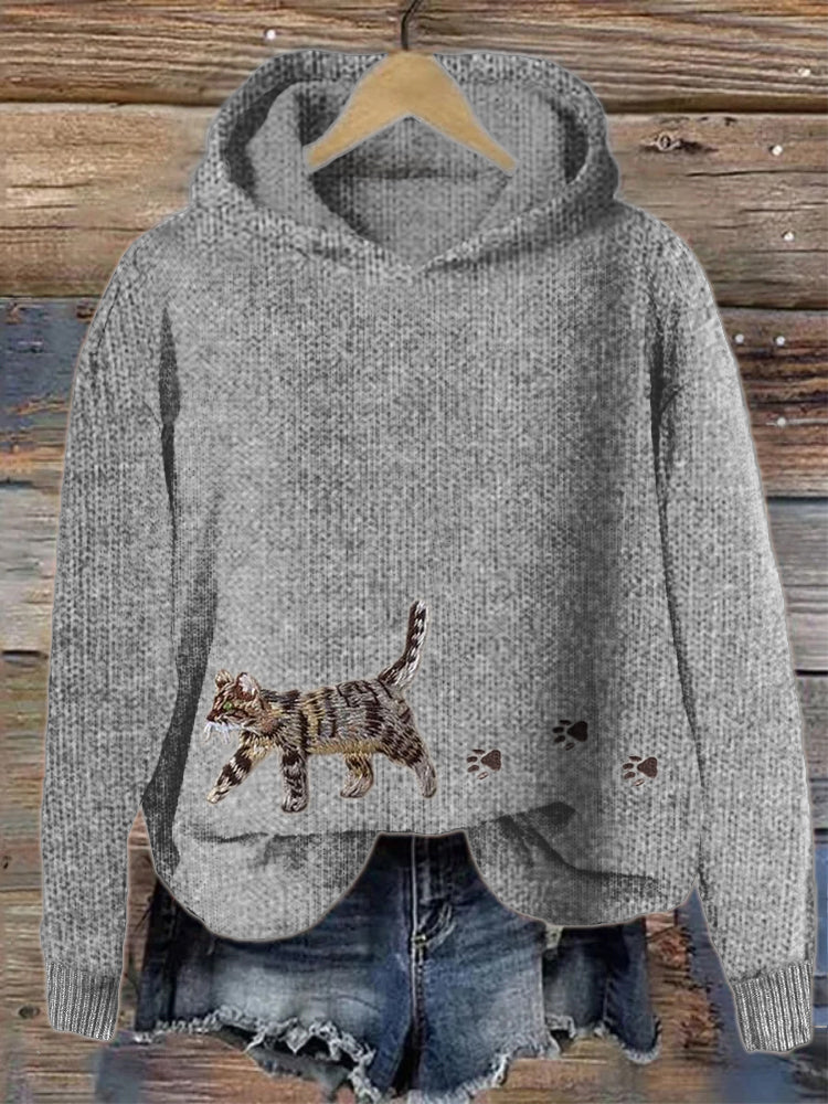 Cat & Paw Prints Embroidered Cozy Knit Hooded Sweater elevenforest